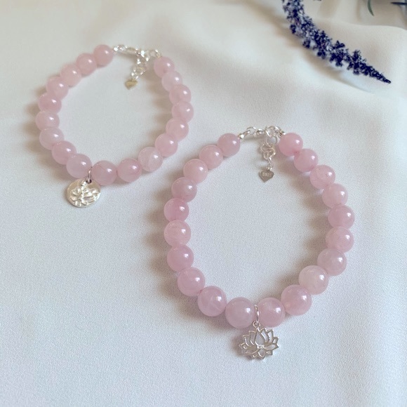 Rose Quartz Sterling Silver Lotus Medallion Charm Bracelet - Picture 4 of 5
